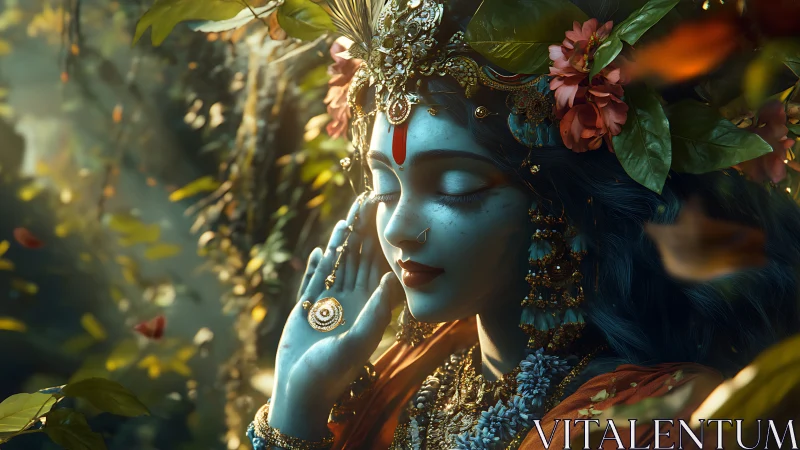 Blue-skinned forest deity in jeweled floral headdress