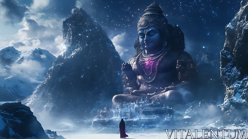 Colossal cosmic deity statue in frozen mountain valley.