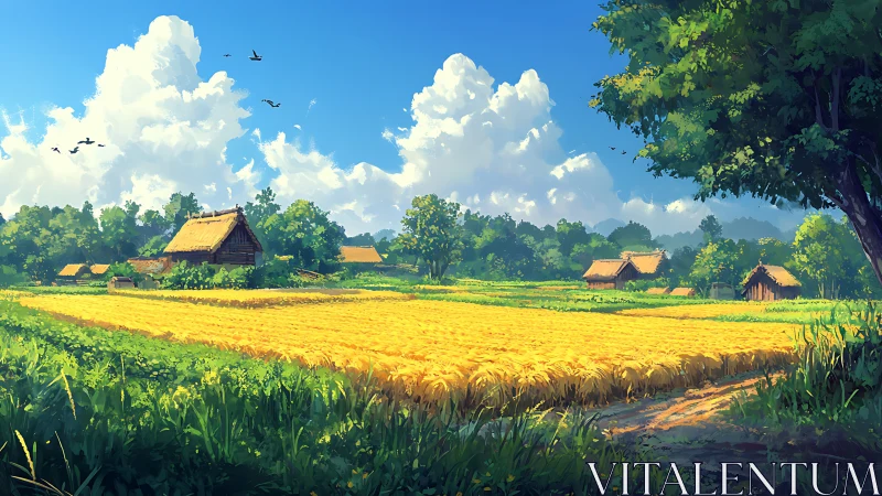 Sunlit agrarian landscape with stylized atmospheric depth field.