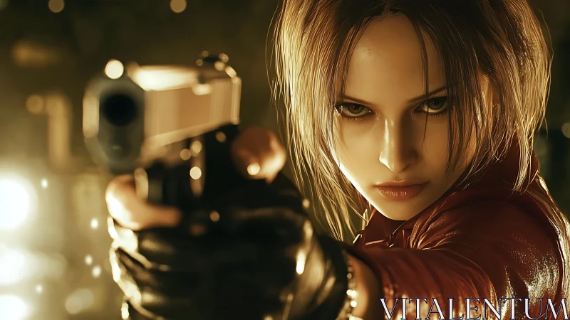 Focused woman aiming handgun in dramatic close-up.