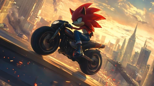 Red hedgehog rides motorcycle above glowing cityscape.