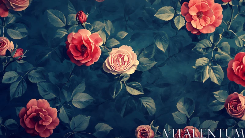 Botanical Study: Roses and Foliage on Deep Teal