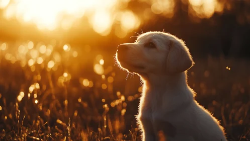 Young dog in backlit field during warm sunset light.
