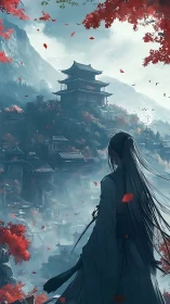 Solitary swordsman overlooking misty mountain pagodas.