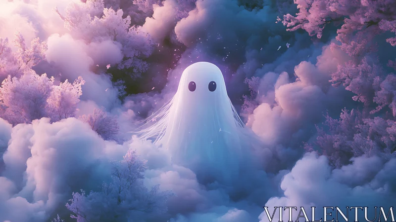 Dreamlike ghost drifts through pastel cloud forest twilight.