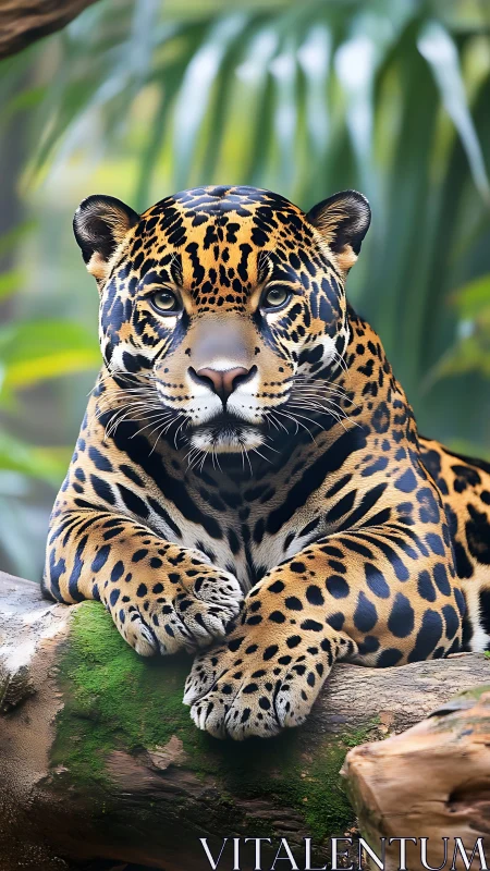 Resting jaguar gazes calmly from a mossy jungle perch