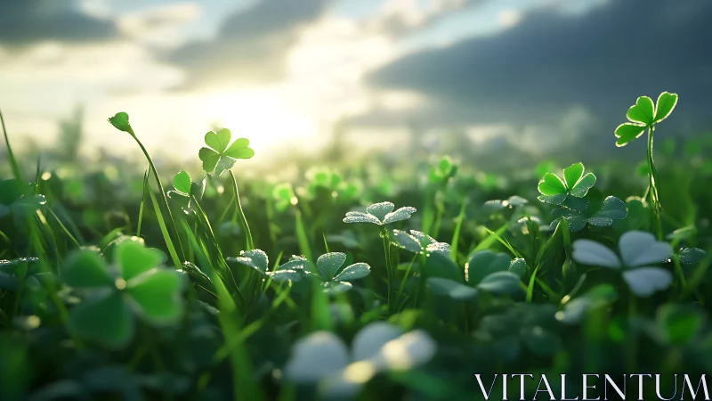 Macro clover field with dewdrops under backlit sunrise glow.