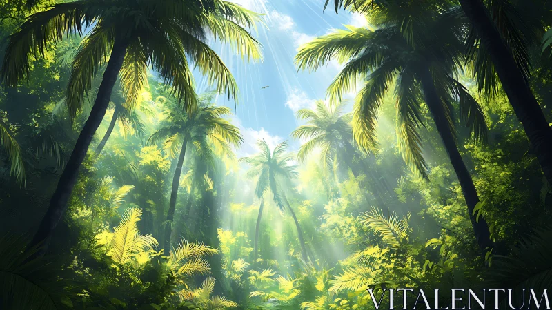 Sunlit jungle canopy opens to lush, misty tropical sanctuary