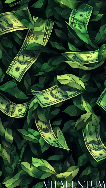 Dollar banknotes are interwoven with stylized green foliage