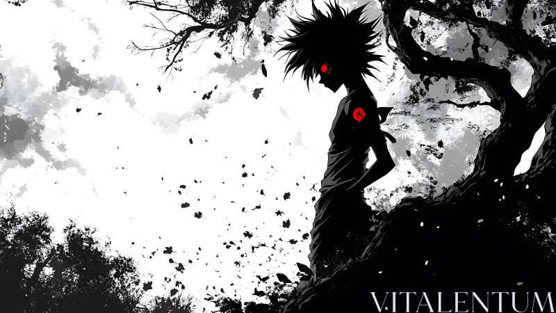 Solitary red-eyed figure beneath windswept monochrome tree.