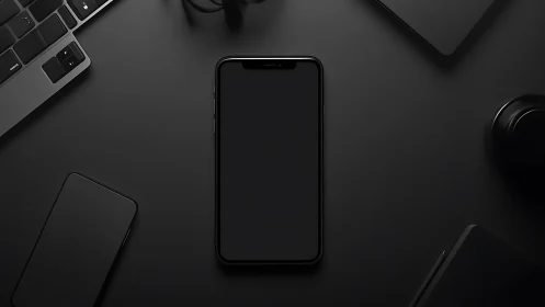 Midnight tech flatlay where a silent smartphone rules the shadows.