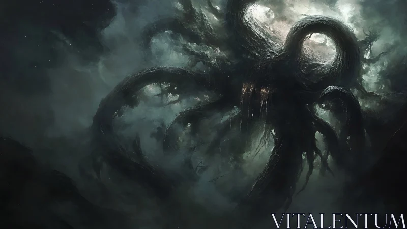 Eldritch abyssal leviathan emerging through cosmic storm.