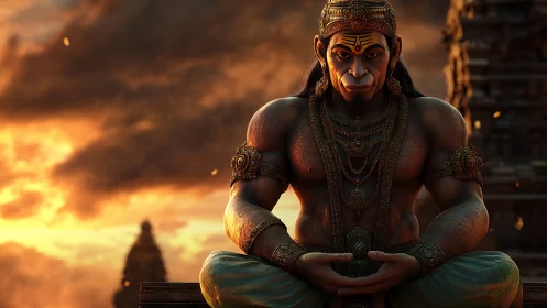 Divine warrior deity in meditative pose under dramatic sunset lighting