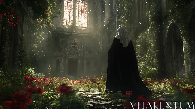Veiled wanderer in a ruined rose-lit cathedral garden.