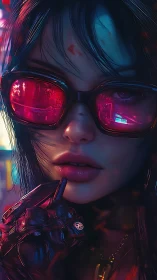 Cybernetic woman with visor glasses in neon cityscape.
