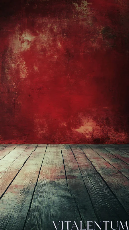 Weathered red studio wall with distressed wood floor.