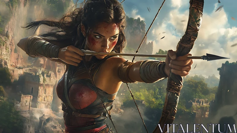 Warrior archer draws taut bow amid misty canyon ruins.