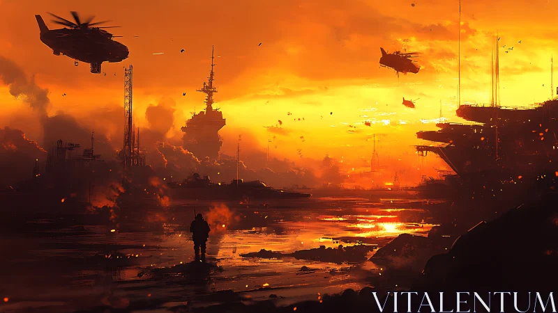 Sunset sortie above burning harbor decks of warships.