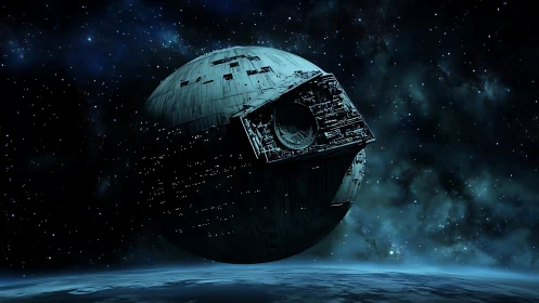 Spherical battle station in deep space with illuminated hull.