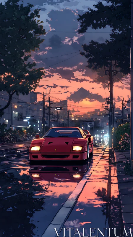 Red supercar glides through neon dusk on wet city street.