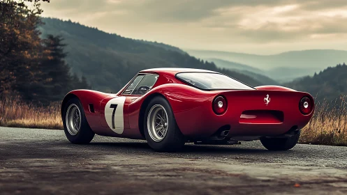Classic red race car resting on a quiet mountain road.