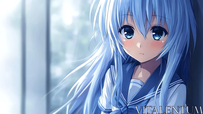 Shy blue haired schoolgirl resting in a quiet window glow.