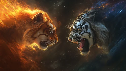 Fire Lion Confronts Ice Tiger in Cosmic Battle