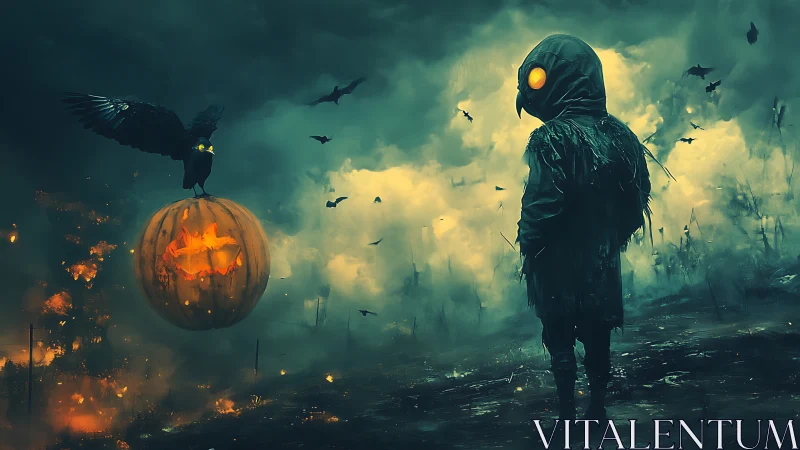 Plague crow figure confronts glowing jack o lantern raven.