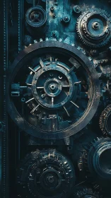 Intricate metal gears turning in a moody teal glow.