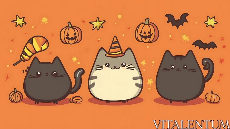 Three Halloween Felines: Digital Vector Illustration with Stylized Character Design.