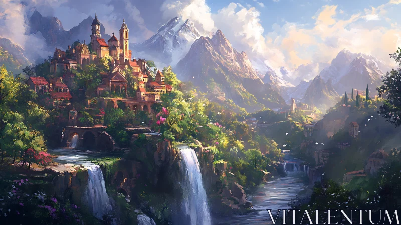 Mountain citadel overlooks cascading river valley kingdom.
