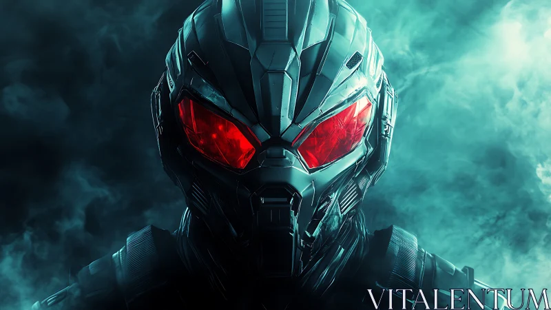 Armored cybernetic warrior stares through blazing red visor.