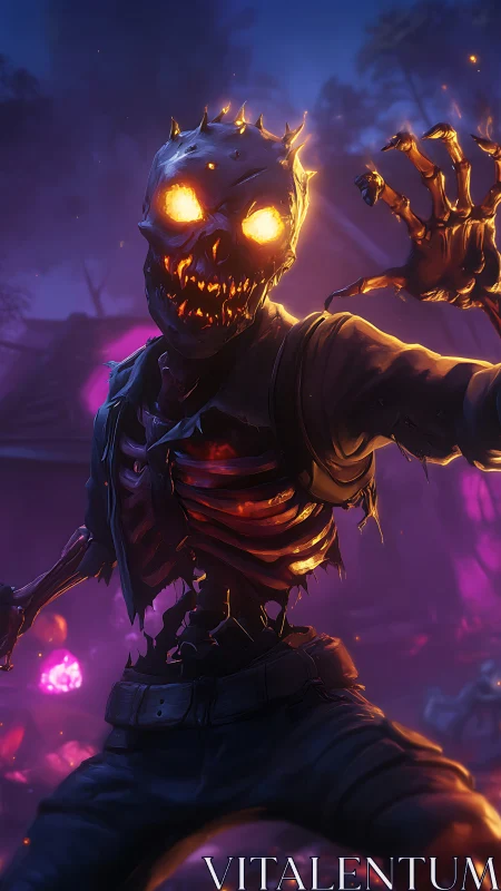 Lava-eyed skeletal zombie lunging in neon fog graveyard