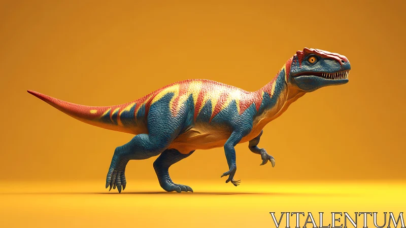 Neon sprinting dino with candy-striped armor and glare.