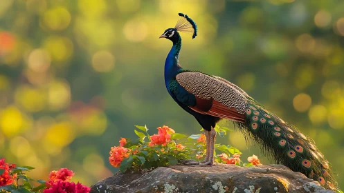 Majestic peacock standing on rock with vibrant flowers, nature style.