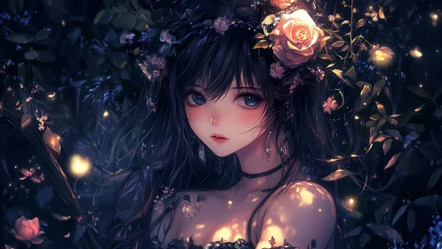 Nocturnal floral portrait of ethereal girl in ember glow.