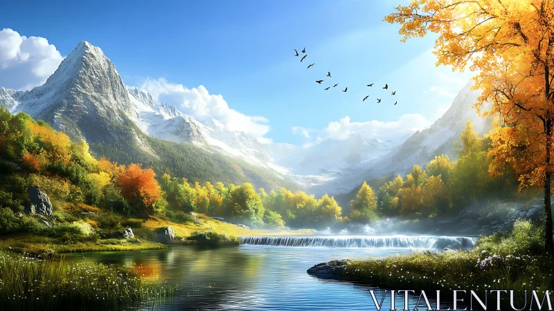 Golden valley river welcomes snowcapped mountain sunrise