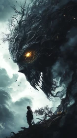 Storm-torn wanderer weighs silence beneath a rootstorm god