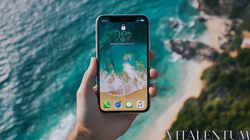 Smartphone Display Revealing Coastal Aerial Topography and Interface Elements.
