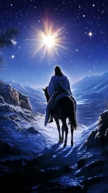 Guiding star glows above rider crossing a silent snowy pass