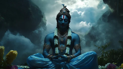 Divine blue deity meditating amid storm-lit jungle clouds.