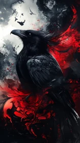 Dark corvid profile set against abstract red and gray forms