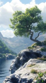 Lone green tree curves over rocky lakeside cliff in daylight