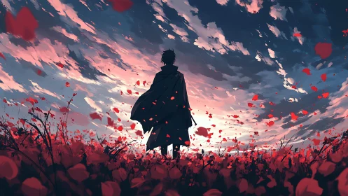 Silhouetted wanderer in crimson field under swirling dusk sky.