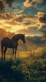 Horse stands in backlit meadow under dense evening clouds