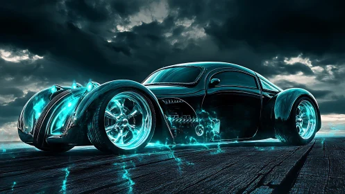 Electric teal hot rod cruising through a stormy dreamscape.