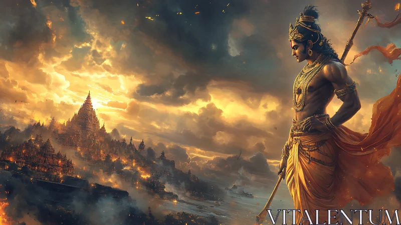 Divine warrior overlooks radiant mythic city at dusk