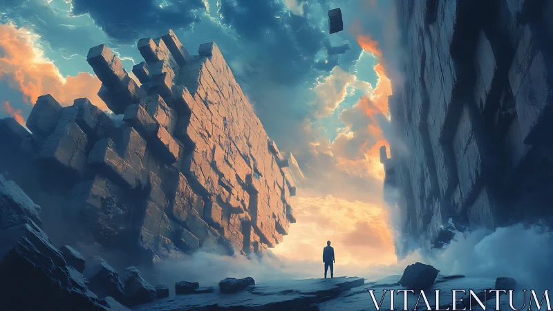 Wanderer stands between shifting stone worlds at sunrise.