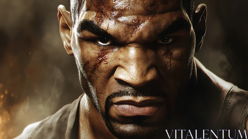 Fierce digital boxer stares ahead with raw determination