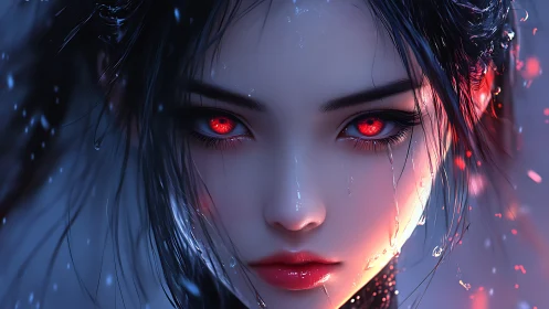 Scarlet gaze in the rain, a quiet storm of hidden power.